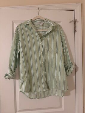 Old navy green striped 100% cotton the boyfriend shirt sz xs oversized